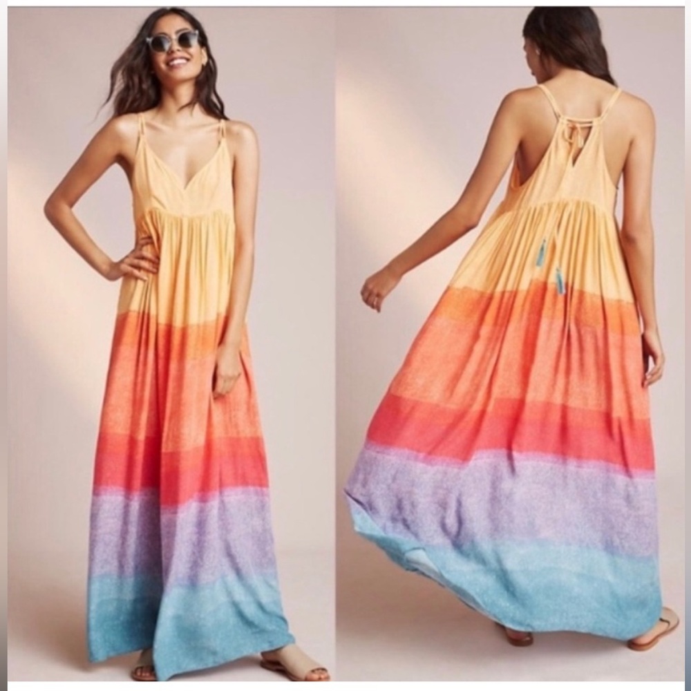 Anthropologie Ombre Stripe Maxi Dress in Yellow, Orange, Coral, Purple, Blue
